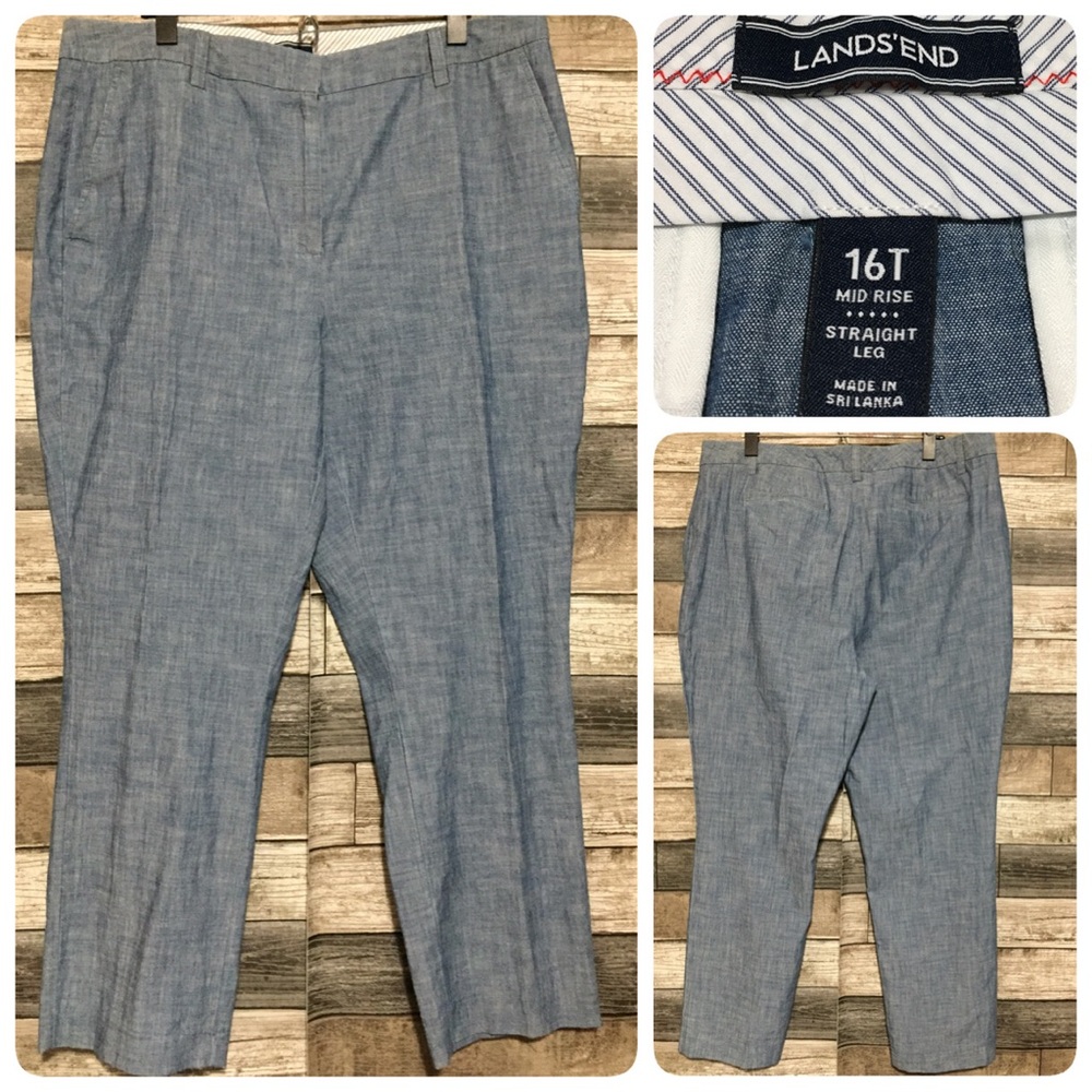 Lands End Mid Rise Straight Leg Chambray Pants Women’s 16T Blue (Inseam 27)